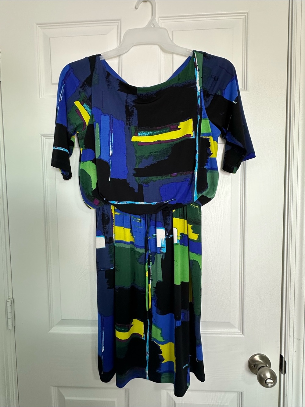 Shelby & Palmer Blue, Green & Yellow Abstract Short Dress
